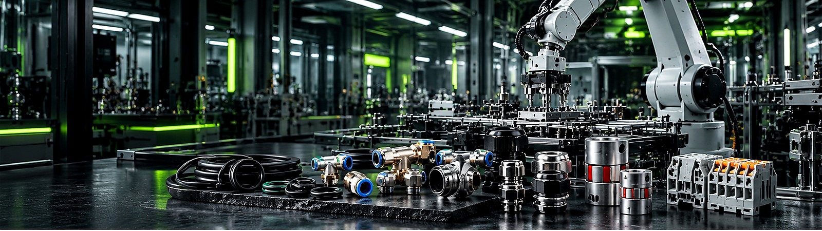 Industrial manufacturing automation line with industrial components